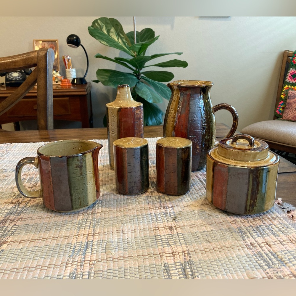 Vintage Otigari Pottery Table Set 6 Piece Set Earth Tone Stripes